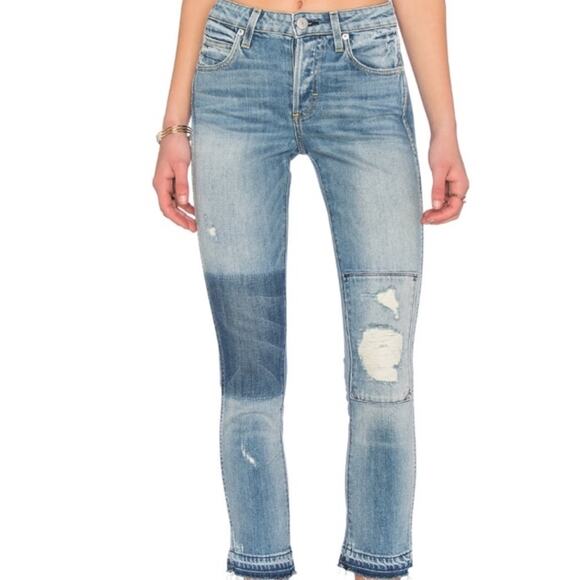 AMO | Babe Jeans in Keepsake Blue Patch Distressed Raw Hem Cropped Grunge 30 - Picture 4 of 11